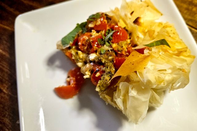 Cherry Tomato Phyllo Tart with Pesto and Feta