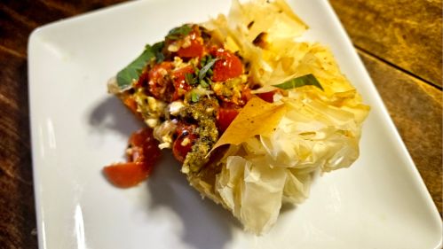 Cherry Tomato Phyllo Tart with Pesto and Feta